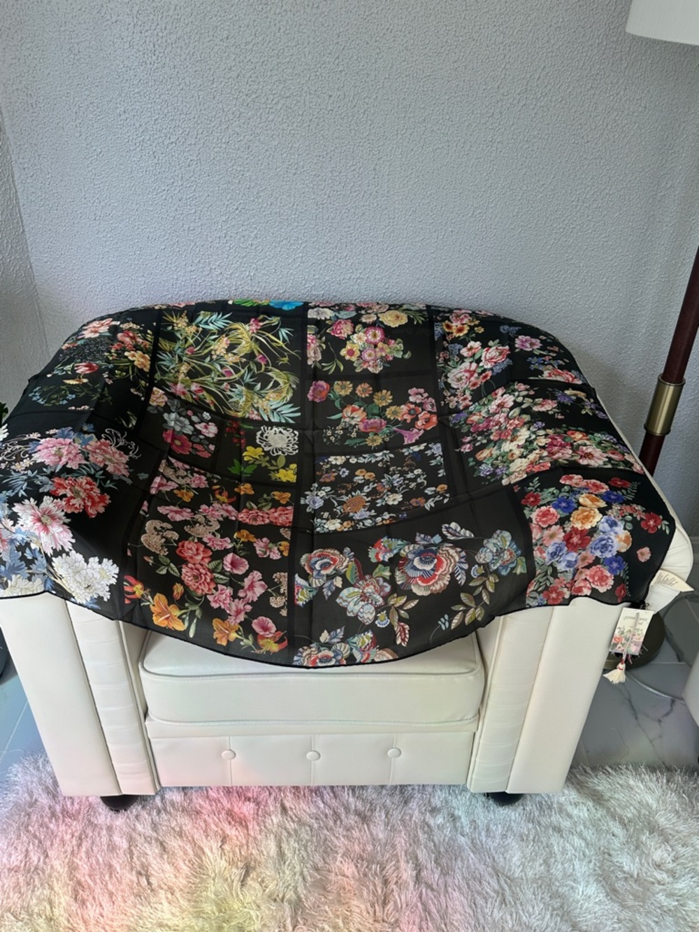 JOHNNY WAS AKKI 100 Silk Black Floral Patchwork Scarf - Multicolor Flower Print